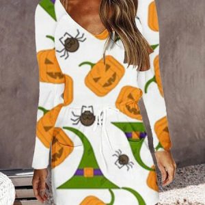 Halloween Loose Casual V Neck Dress With No, Dresses, color:As Picture|size:3XL, JustFashionNow