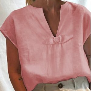 Simple Loose V Neck Bow Plain Shirt, Shirts & Blouses, color:Pink|size:XXL, JustFashionNow