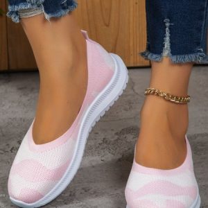 Geometric Contrast Lightweight Breathable Flyknit Sneakers, Sneakers&Athletic, color:Pink|size:43, Noracora
