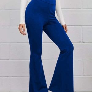 Women Breathable Comfortable Plain High Elastic Flared Pants, Pants, color:Blue|size:XXL, JustFashionNow