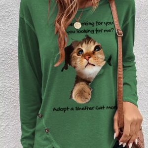 Casual Crew Neck Cat Regular Fit T-Shirt, T-Shirts, color:Green|size:XXL, JustFashionNow