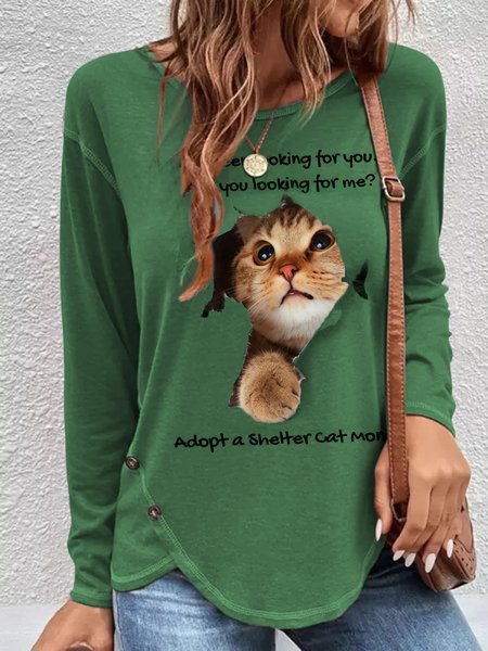 Casual Crew Neck Cat Regular Fit T-Shirt, T-Shirts, color:Green|size:XXL, JustFashionNow