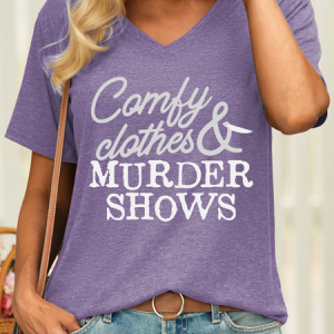 Women’s Comfy Clothes & Murder Shows V Neck Casual T-Shirt, color:Purple|size:3XL, Lilicloth.com