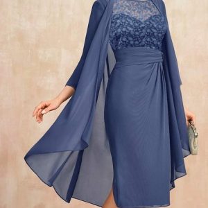 Regular Fit Crew Neck Chiffon Urban Lace Two-Piece Set, Formal Dresses, color:Blue|size:XXL, JustFashionNow
