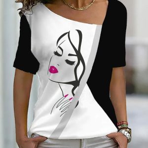 Casual Abstract Square Neck Regular Fit T-Shirt, T-Shirts, color:Deep Pink|size:3XL, JustFashionNow