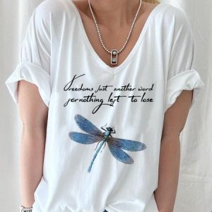 Loose V Neck Casual Dragonfly T-Shirt, T-Shirts, color:White|size:XXL, JustFashionNow