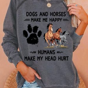 Women's Funny Horses & Dogs Make Me Happy Humans Make My Head Hurt Casual Sweatshirt, color:Gray|size:3XL, Lilicloth.com