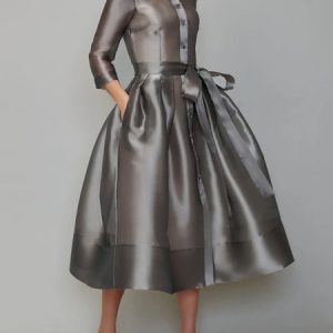 Plain Shirt Collar Elegant Dress With Inside And Belt, Midi Dresses, color:Gray|size:XXL, Stylewe