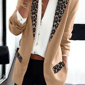 Casual Leopard Long Sleeve Blazer, Blazers, color:Khaki|size:3XL, JustFashionNow