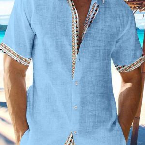Men's Vacation Casual Ethnic Pattern Patchwork Short Sleeve Shirt, Shirts ＆ Blouse, color:Sky Blue|size:3XL, JustFashionNow