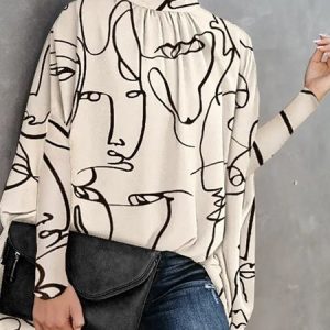 Loose Abstract Stand Collar Blouse, Blouses and Shirts, color:Apricot|size:XXL, Stylewe
