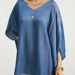 Loose Lightweight V neck Short sleeve Urban faux denim Top, Blouses and Shirts, color:Denim Blue|size:XXL, Stylewe