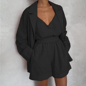 Women Plain Shirt Collar Long Sleeve Comfy Casual Top With Pants Matching Outfit, Sets, color:Black|size:3XL, Noracora