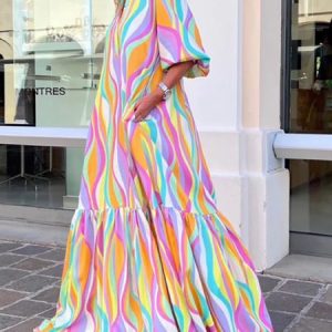 Geometric Vacation Shirt Collar Regular Fit Dress, Maxi Dresses, color:As Picture|size:XXL, Stylewe