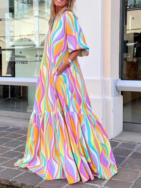 Geometric Vacation Shirt Collar Regular Fit Dress, Maxi Dresses, color:As Picture|size:XXL, Stylewe