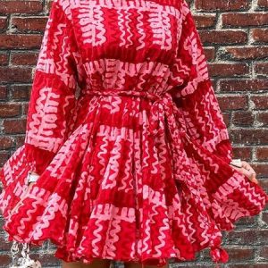 Women Chevron Crew Neck Long Sleeve Comfy Boho Short Dress, Short, color:Red|size:XL, Noracora