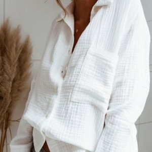 Shirt Collar Loose Linen Blouses, Shirts, color:White|size:3XL, Noracora