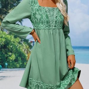 Lace Plain Casual Loose Dress, Dresses, color:Green|size:XXL, JustFashionNow