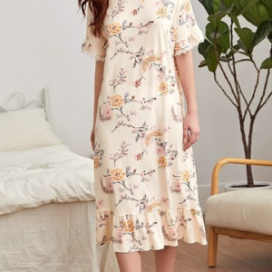 Loose Crew Neck Regular Sleeve Casual Floral Lounge Dress, Loungewear & Sleepwear, color:As Picture|size:XL, JustFashionNow