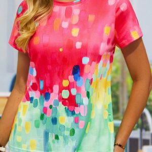Crew Neck Casual Ombre Loose Rainbow Dot Short Sleeve T-Shirt, T-Shirts, color:Green|size:XXL, JustFashionNow