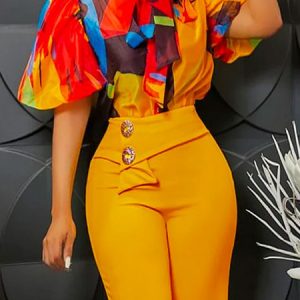 Colorblock Elegant Others Regular Fit Blouse, Blouses and Shirts, color:Orange|size:XXL, Stylewe