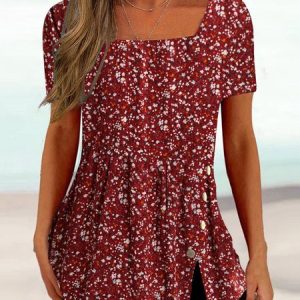 Color Block Square Neck Casual Top, Shirts & Blouses, color:Red|size:XXL, JustFashionNow
