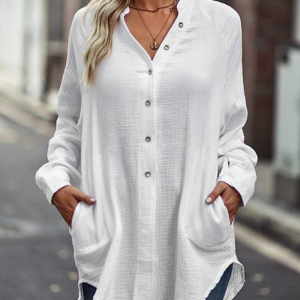 Casual White Relaxed Notch Neck Button-Up Plain Blouse, Shirts & Blouses, color:White|size:XXL, JustFashionNow