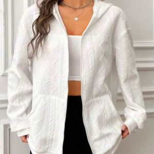 Geometric Casual Hoodie Loose Solid Zip Up Drop Shoulder Hooded Kangaroo Pocket Sweatshirt, Cardigans, color:White|size:XXL, JustFashionNow