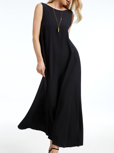 Plain Sleeveless Crew Neck Casual Weaving Dress, Dresses, color:Black|size:XS, Stylewe