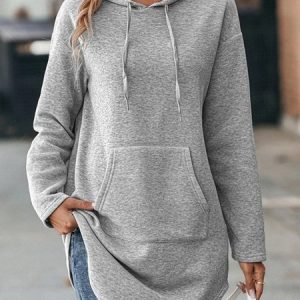 Kangaroo Pocket Curved Hem Drawstring Hoodie, Sweatshirts & Hoodies, color:Gray|size:XXL, JustFashionNow