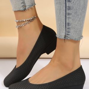 Elegant Geometric Embossed Square Toe Low Heel Shallow Shoes, Flats, color:Black|size:38, JustFashionNow