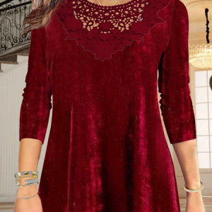 Long sleeve round neck gorgeous velvet Korean velvet plain color patterned collar lace a-hem loose top, Long sleeve tops, color:Red|size:3XL, JustFashionNow