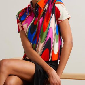 Elegant Shirt Collar Abstract Regular Fit Short Sleeve Blouse, Blouses and Shirts, color:Multicolor|size:XS, Stylewe