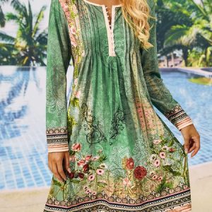 Regular Fit V Neck Ethnic Dress, Dresses, color:Green|size:XXL, JustFashionNow