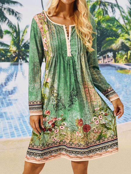 Regular Fit V Neck Ethnic Dress, Dresses, color:Green|size:XXL, JustFashionNow
