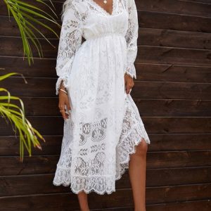 Women's Ethnic Pattern Lace Balloon Sleeve Cover Hip Prom Evening Dress Party Wedding, Party Dresses, color:White|size:XL, JustFashionNow