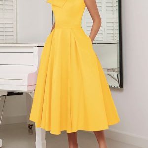 Summer Elegant Short Sleeve Woven Pink Dress Wedding Party, Maxi Dresses, color:Yellow|size:XXL, Stylewe