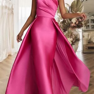 Women's Party Regular Fit Plain Elegant One Shoulder Maxi Dress, Maxi Dresses, color:Deep Pink|size:XXL, Stylewe