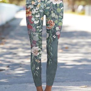 Casual Floral Regular Fit Leggings, Leggings, color:Green|size:3XL, JustFashionNow
