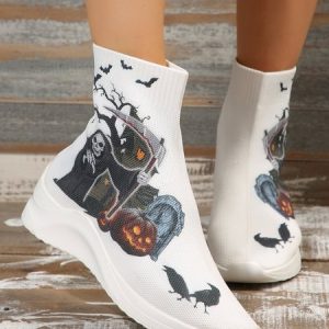 Halloween Skeleton Pumpkin Bat Graphic High Elastic Comfort Fly Knit Sock Boots, Boots, color:White|size:43, JustFashionNow