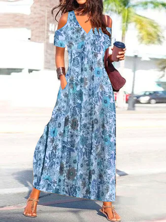 Loose Vacation Dress, Floral Dresses, color:Blue|size:XXL, JustFashionNow
