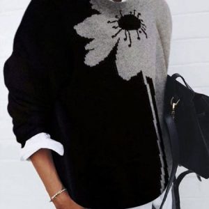 Urban Loose Crew Neck Floral Long sleeve Sweater, Sweaters, color:Black|size:XXL, Stylewe