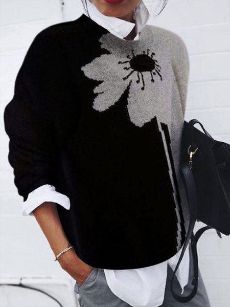 Urban Loose Crew Neck Floral Long sleeve Sweater, Sweaters, color:Black|size:XXL, Stylewe
