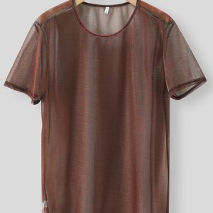 Men Fashion Casual Solid Color Short Sleeve T-Shirt Party Music Festival Sexy See-Through, T-Shirts, color:Red|size:3XL, JustFashionNow