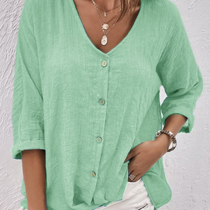 V Neck Cotton-Blend Linen Plain Blouse, Blouses, color:Green|size:XXL, Noracora