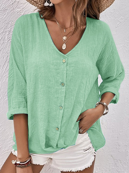 Women Plain V Neck Button Down Linen Three Quarter Sleeve Blouse, Blouses & Shirts, Roselinlin - Online Catalog