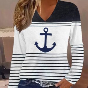 Loose Striped Anchor Casual V Neck T-Shirt, color:Blue|size:XXL, Lilicloth.com