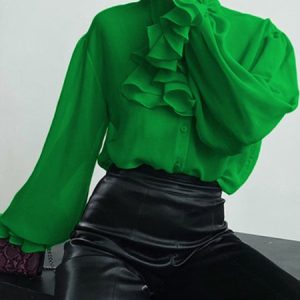 Shirt Collar Elegant  Flouncing  Top, Blouses and Shirts, color:Green|size:XXL, Stylewe