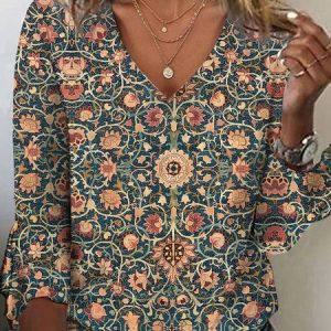 Loose Ethnic V Neck Casual T-Shirt, T-Shirts, color:Green|size:XXL, JustFashionNow