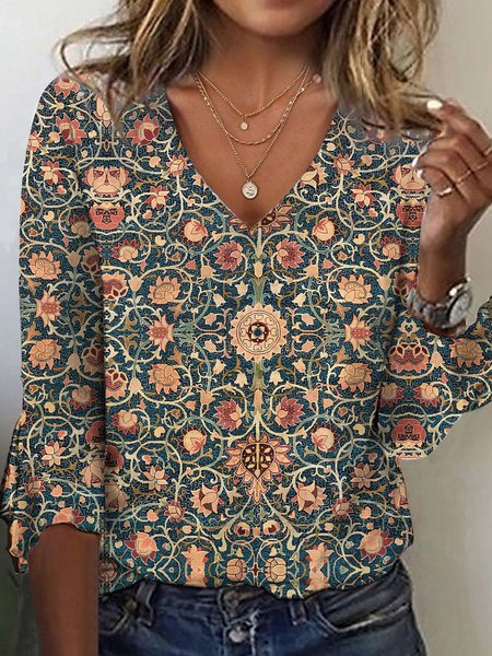 Loose Ethnic V Neck Casual T-Shirt, T-Shirts, color:Green|size:XXL, JustFashionNow